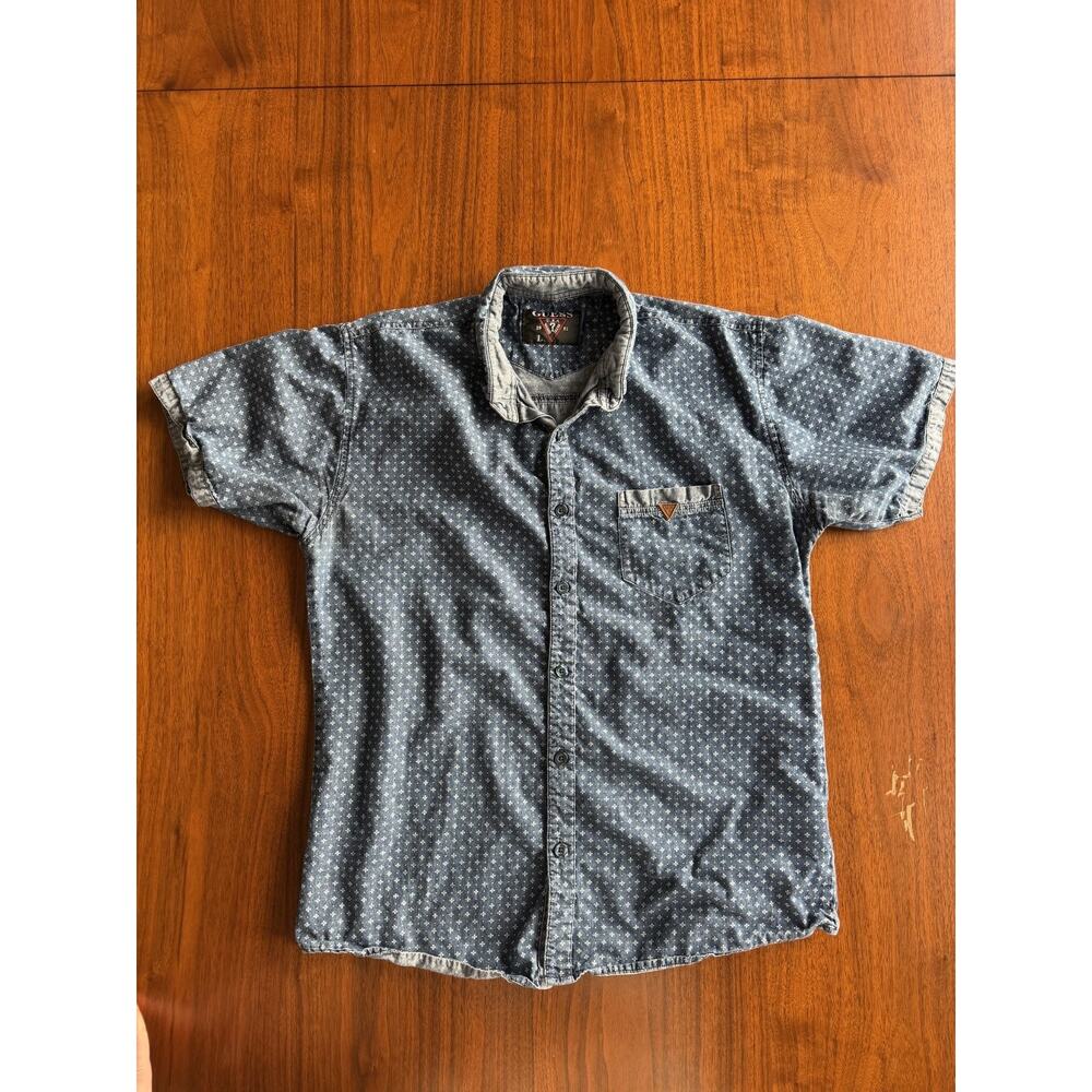 Guess Men's Denim Patterned Short-Sleeve Button-Down - Size L